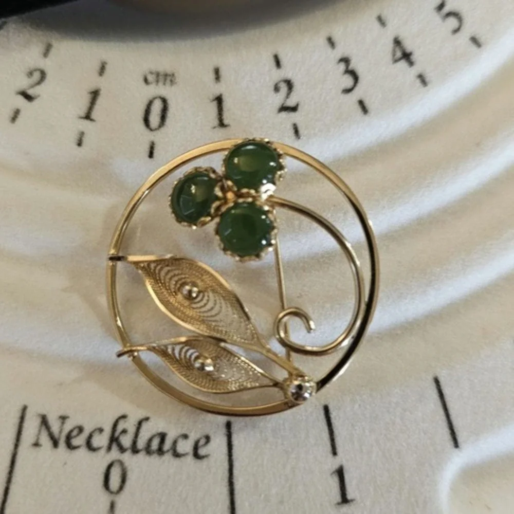 Vintage Sorrento 1/20 12k Gold Filled‎ Jade Flower Brooch Pin Wreath Green GF